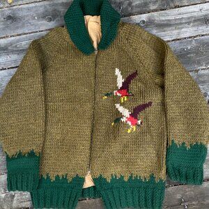 Vintage 1958 Green Goose Cowichan Handmade Woven Wool Jacket Canvas Large Canada